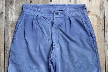 Vintage French workwear trousers - hand darned and repaired - blue cotton twill pants - 1960s chore - 30” x 25”
