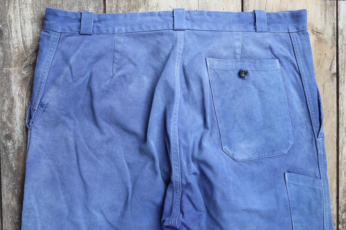 Vintage French workwear trousers - 1960s chore pants - darned and repaired - blue cotton twill - 36” x 26”