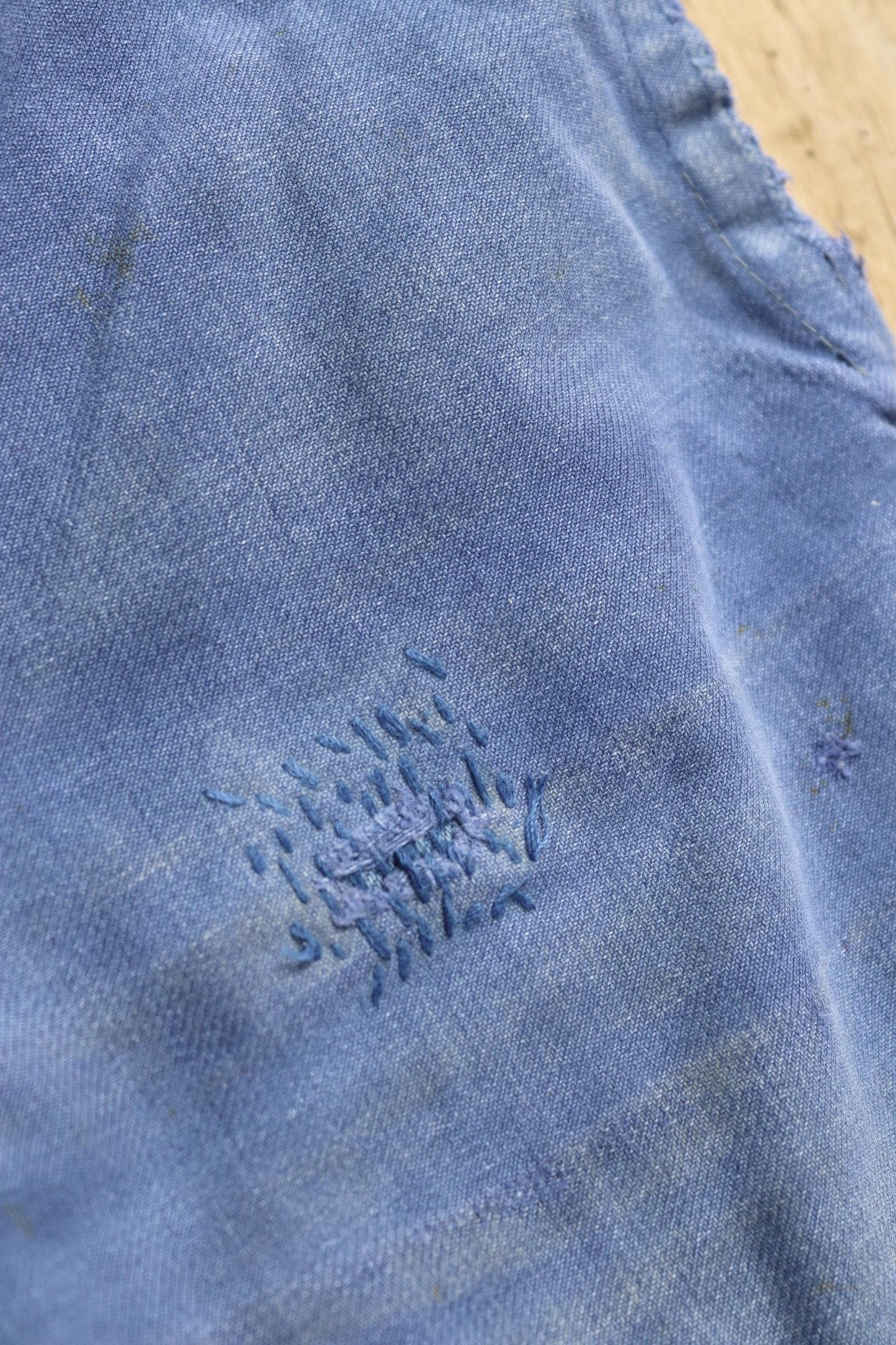 Vintage French workwear trousers - 1960s chore pants - darned and repaired - blue cotton twill - 36” x 26”