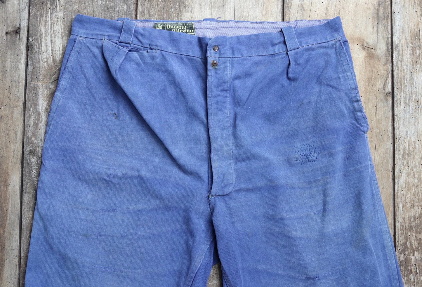 Vintage French workwear trousers - 1960s chore pants - darned and repaired - blue cotton twill - 36” x 26”