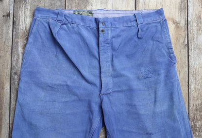 Vintage French workwear trousers - 1960s chore pants - darned and repaired - blue cotton twill - 36” x 26”