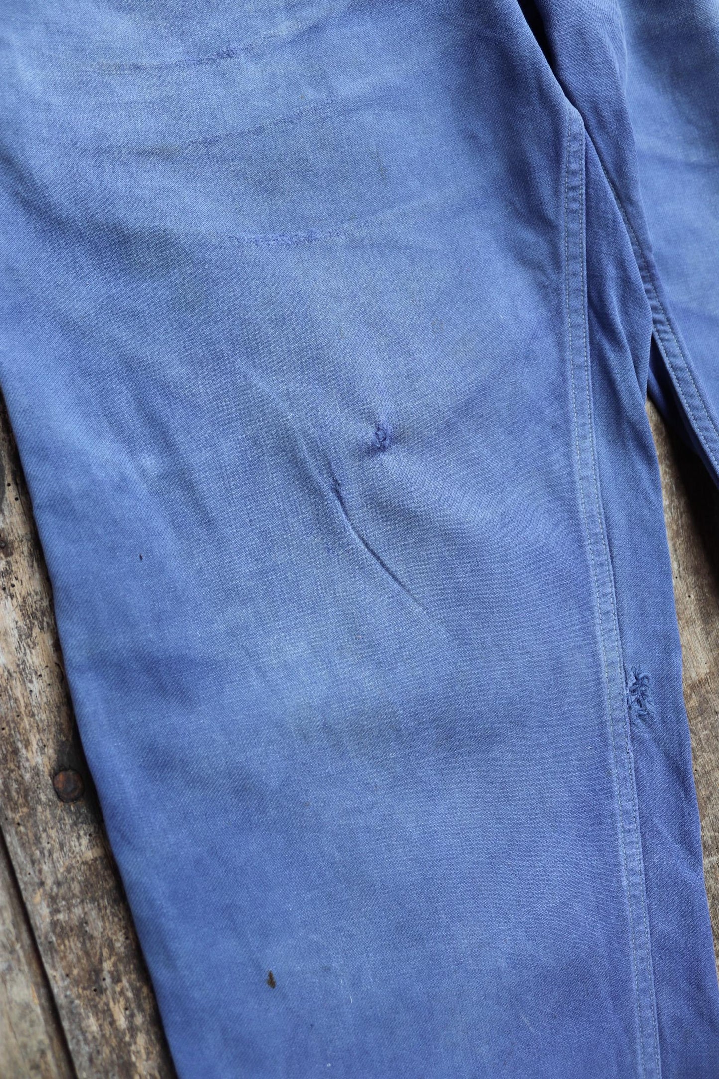 Vintage French workwear trousers - 1960s chore pants - darned and repaired - blue cotton twill - 36” x 26”