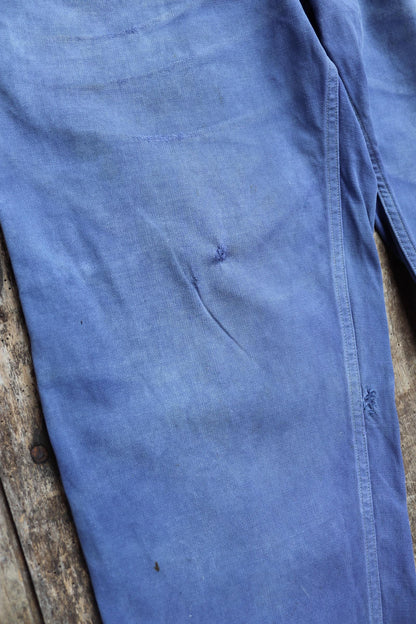 Vintage French workwear trousers - 1960s chore pants - darned and repaired - blue cotton twill - 36” x 26”