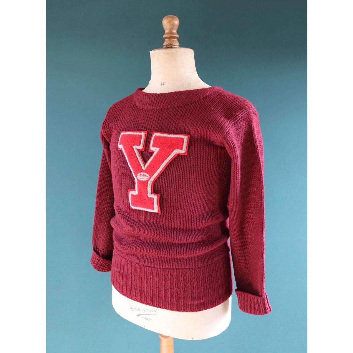 Vintage 1930s varsity sweater - burgundy wool jumper - antique knitwear - 34” chest