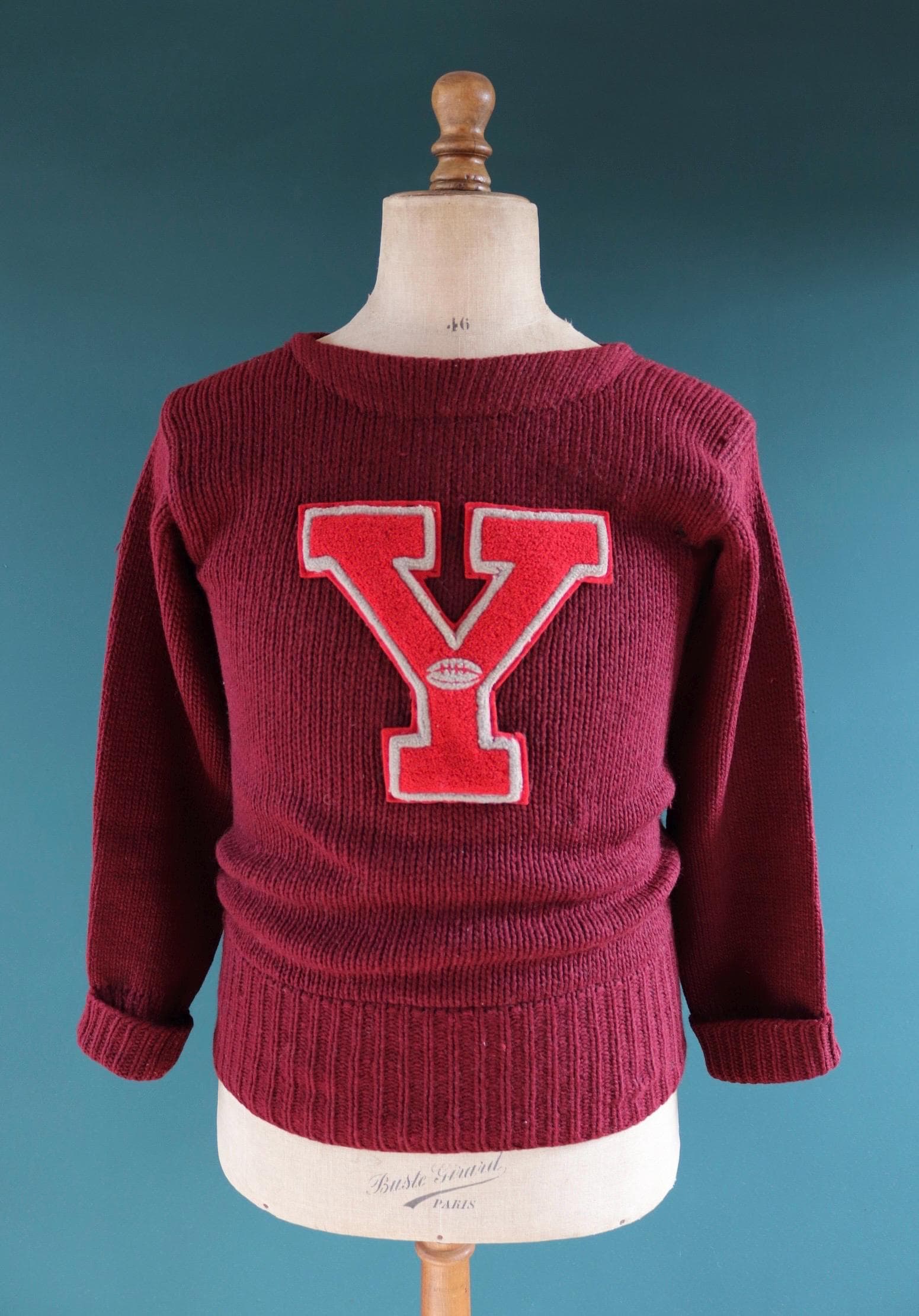 Vintage 1930s varsity sweater - burgundy wool jumper - antique knitwear - 34” chest