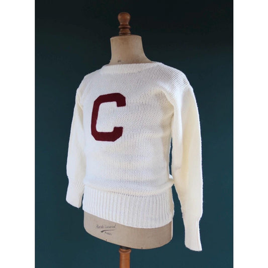 Vintage 1960s varsity sweater - white knitted jumper - Ivy League style - 38” chest
