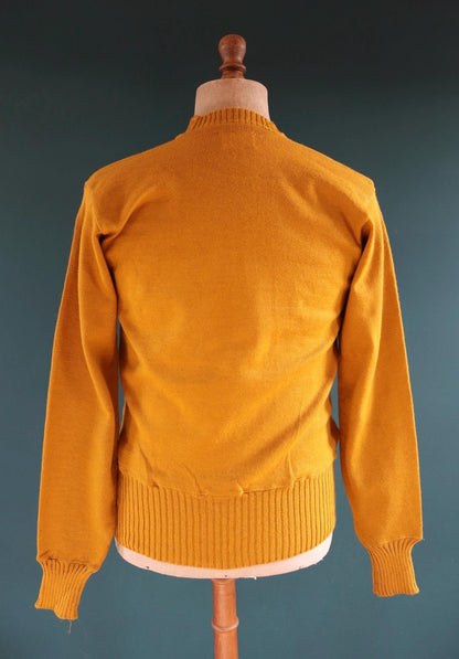Vintage 1960s mustard wool sweater - gold varsity knit - Ivy League style - chenille patch - 40” chest