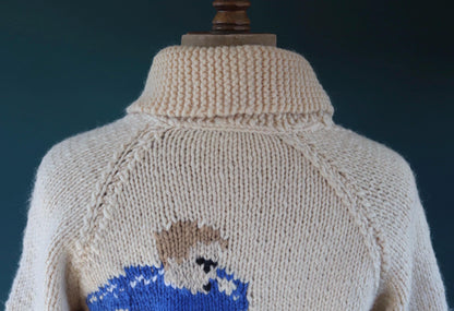 Vintage 1960s novelty hand knitted cardigan - ice hockey design - Mary Maxim - cowichan sweater - 44” chest