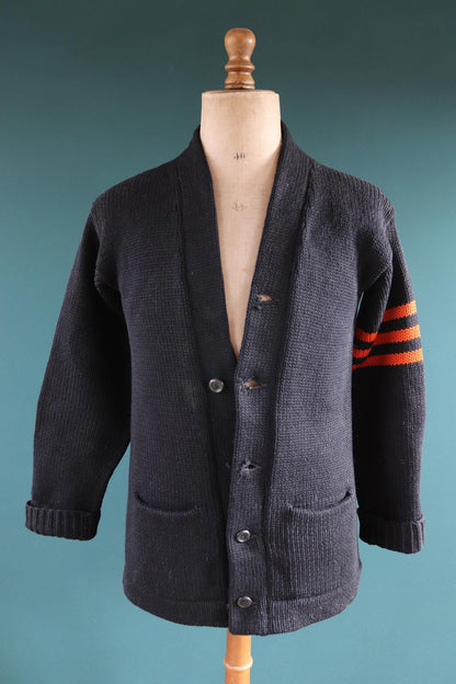 Vintage Princeton sweater - 1940s varsity knit - black wool cardigan - 38” chest