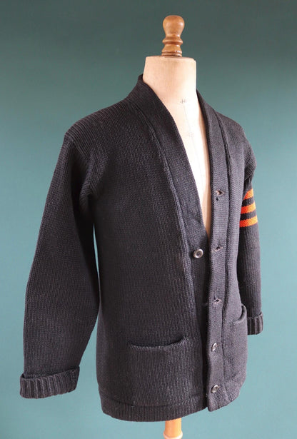 Vintage Princeton sweater - 1940s varsity knit - black wool cardigan - 38” chest