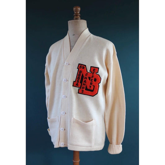 Vintage 1950s wool varsity sweater - chenille patch - knitted cardigan - Ivy League style - 46” chest