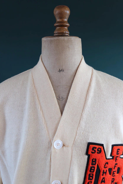 Vintage 1950s wool varsity sweater - chenille patch - knitted cardigan - Ivy League style - 46” chest