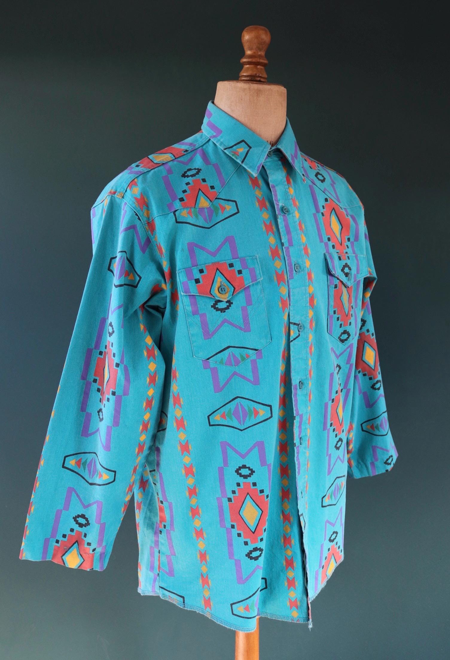 Vintage 1990s Wrangler Brushpopper shirt - Aztec print - Western - 49" chest