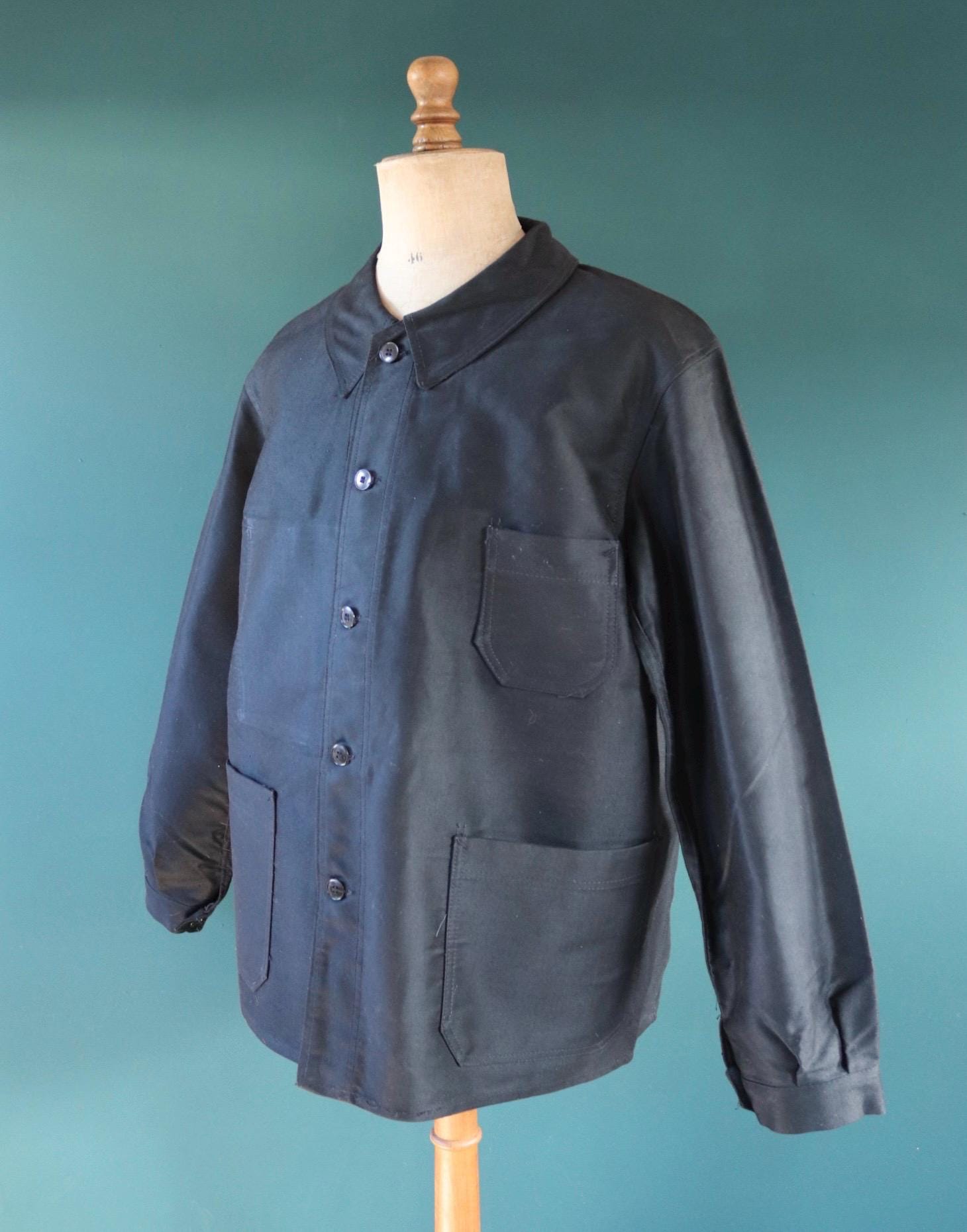 Vintage 1940s French black moleskin chore jacket - deadstock workwear - 52” chest