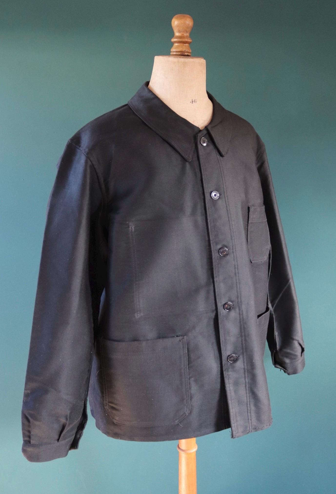 Vintage 1940s French black moleskin chore jacket - deadstock workwear - 52” chest