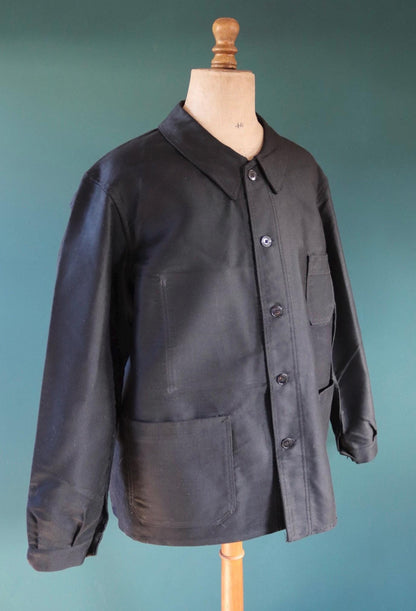 Vintage 1940s French black moleskin chore jacket - deadstock workwear - 52” chest