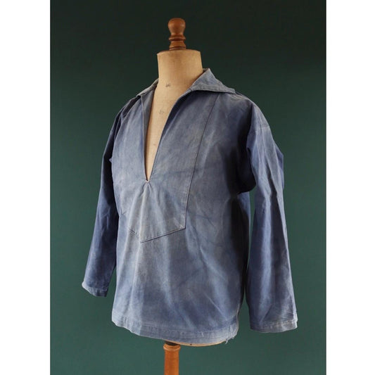 Vintage French workwear smock - 1930s chore shirt - sun faded indigo blue cotton - 46” chest