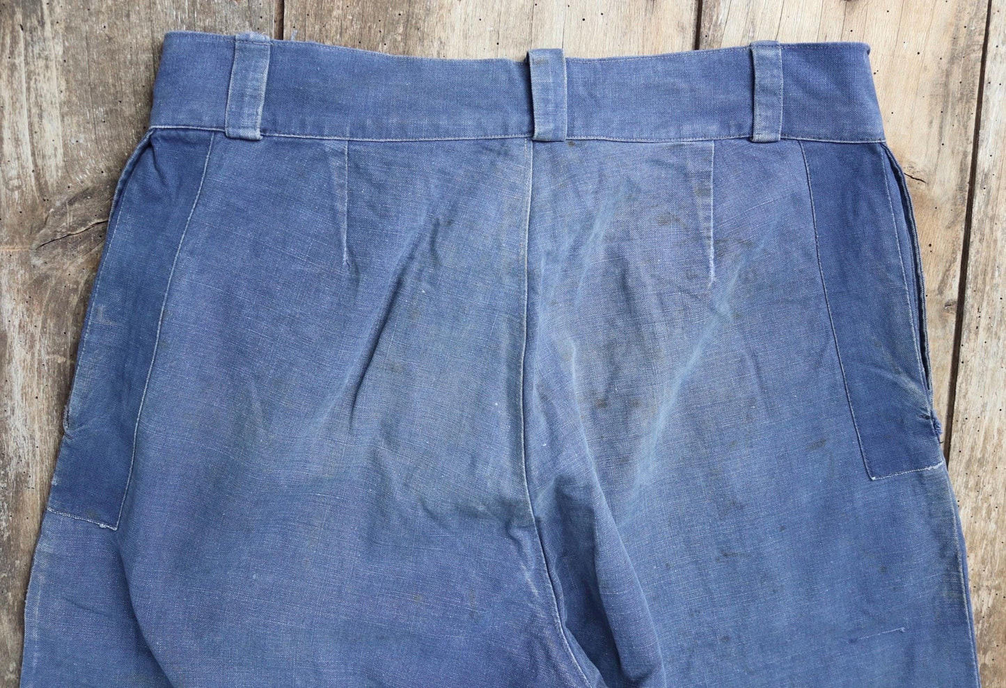 Vintage French workwear trousers - 1930s chore pants - sun faded blue cotton - 34” x 27”