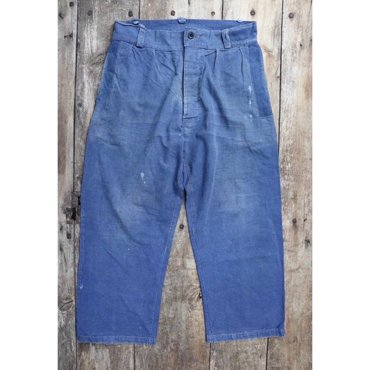 Vintage French workwear trousers - 1930s chore pants - sun faded blue cotton - 34” x 27”