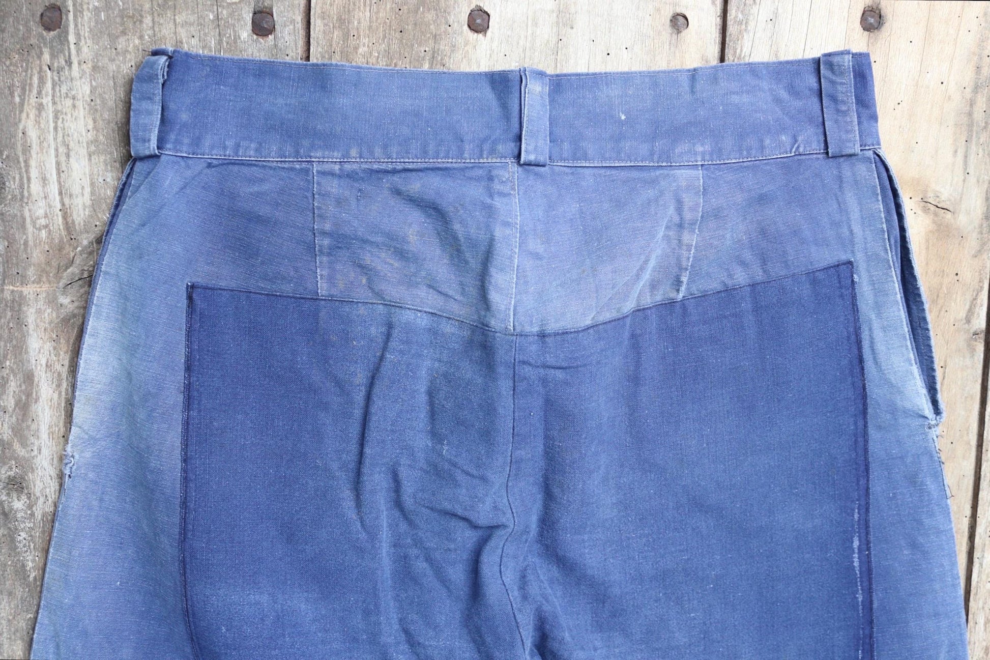 Vintage French workwear trousers - 1930s chore pants - sun faded blue cotton - 34” x 27”