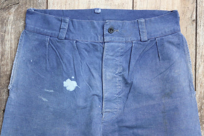 Vintage French workwear trousers - 1930s chore pants - sun faded blue cotton - 34” x 27”