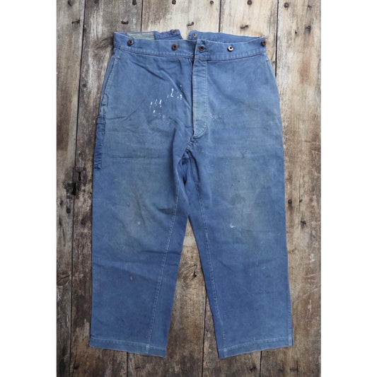 Vintage 1930s French workwear trousers - Le Mont St Michel chore pants - blue cotton twill - buckle back - 38” x 27”