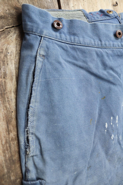 Vintage 1930s French workwear trousers - Le Mont St Michel chore pants - blue cotton twill - buckle back - 38” x 27”