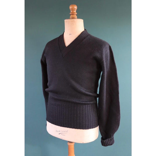 Vintage 1950s black wool varsity sweater - knitted jumper - Ivy League style - long rib - 40” chest