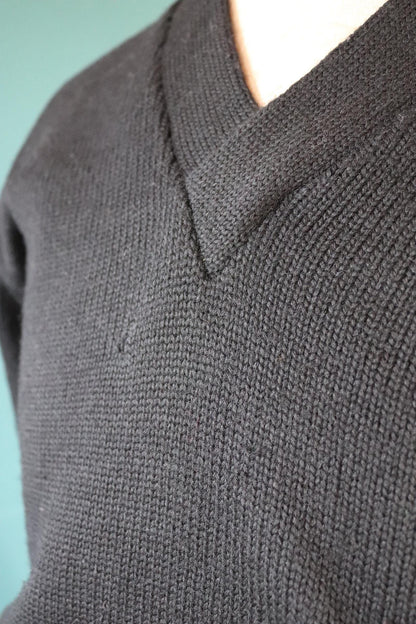 Vintage 1950s black wool varsity sweater - knitted jumper - Ivy League style - long rib - 40” chest