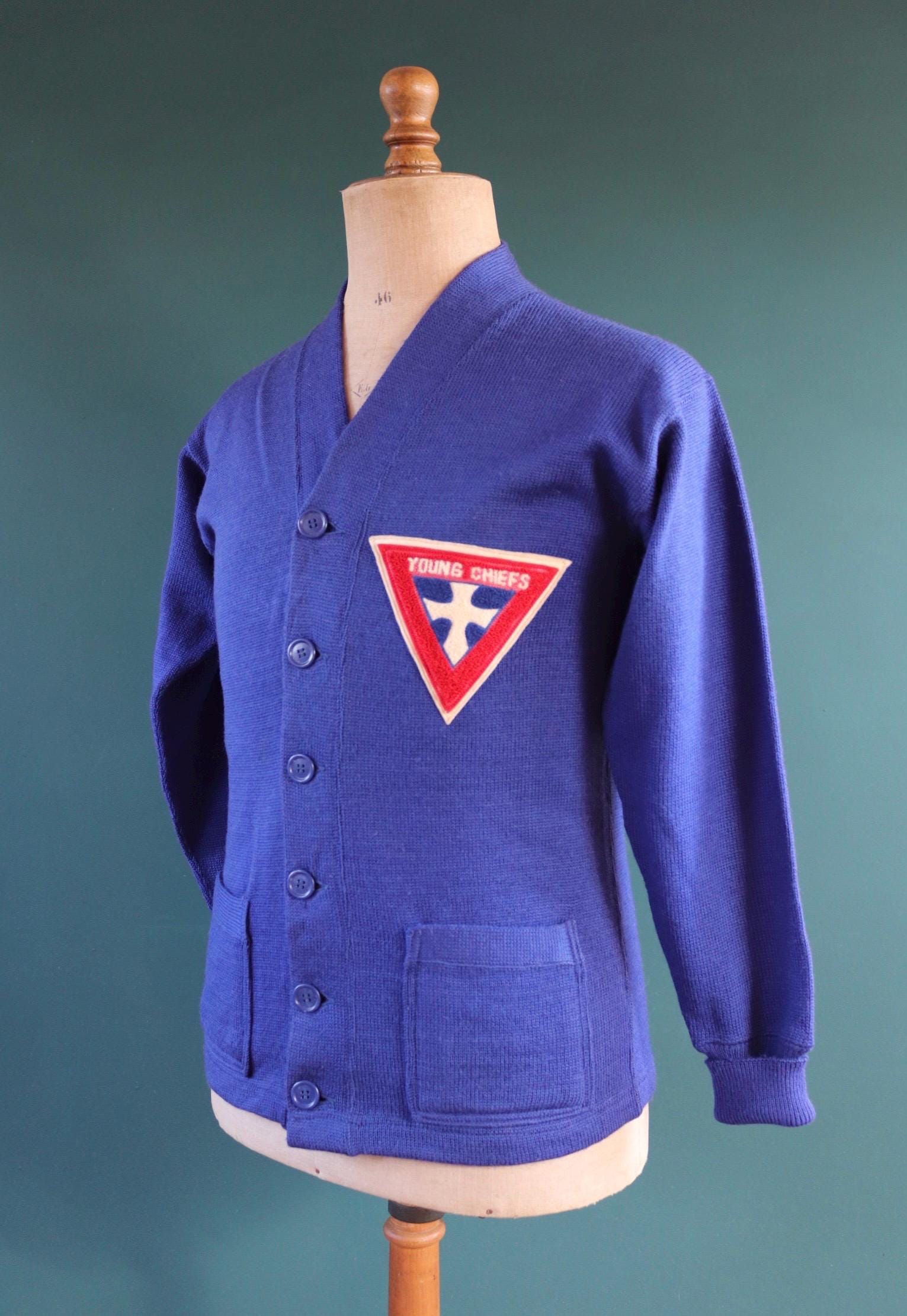 Vintage 1960s wool varsity sweater - knitted cardigan - chenille patch - 38” chest