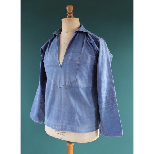 Vintage French workwear smock - 1930s chore shirt - sun faded indigo blue cotton - 40” chest