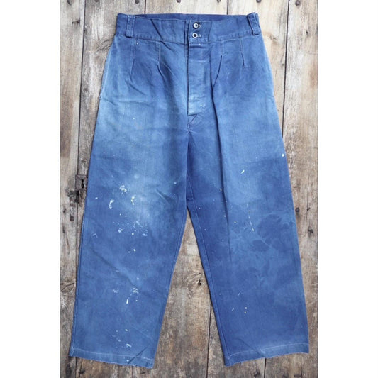 Vintage French workwear trousers - 1930s chore pants - sun faded blue cotton - 34” x 29”