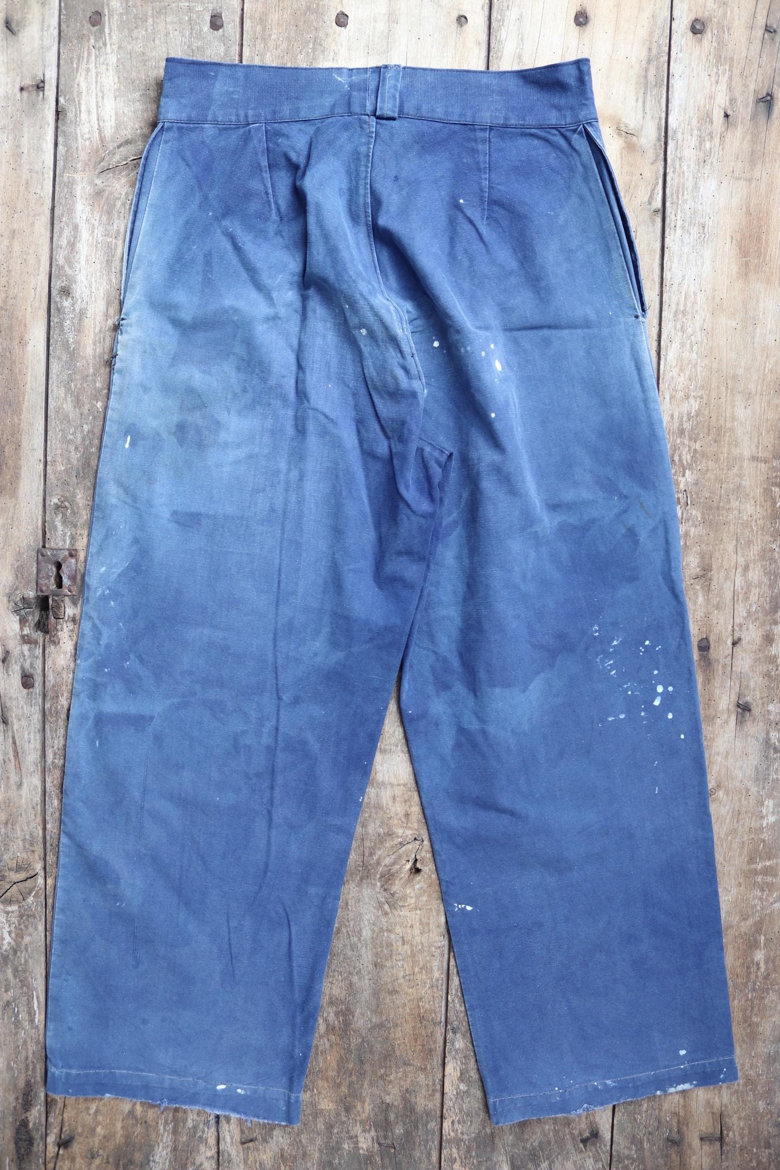 Vintage French workwear trousers - 1930s chore pants - sun faded blue cotton - 34” x 29”