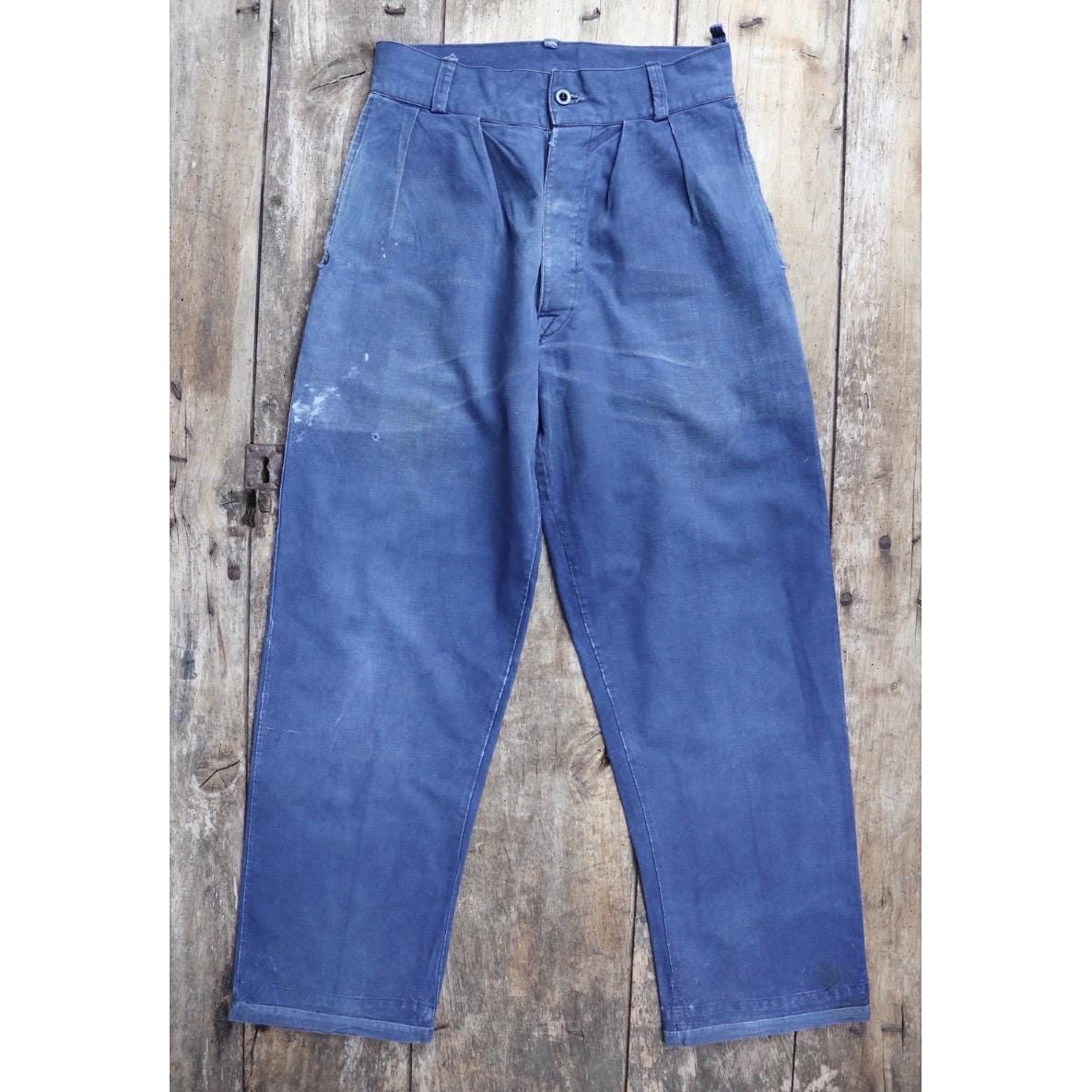 Vintage French workwear trousers - 1930s chore pants - sun faded blue cotton - 29” x 30”