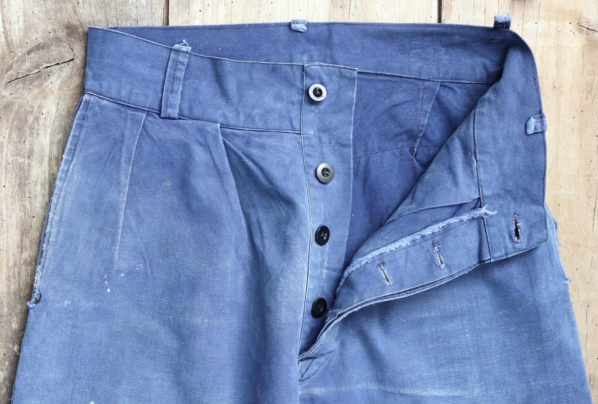 Vintage French workwear trousers - 1930s chore pants - sun faded blue cotton - 29” x 30”