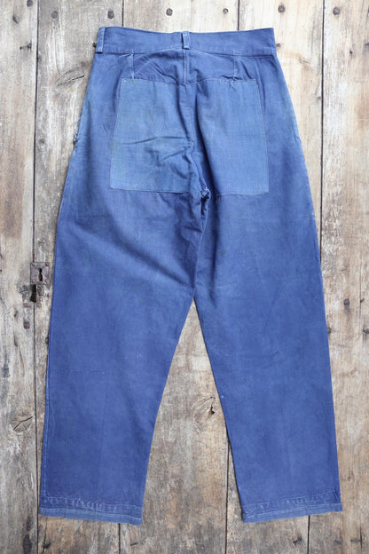 Vintage French workwear trousers - 1930s chore pants - sun faded blue cotton - 29” x 30”
