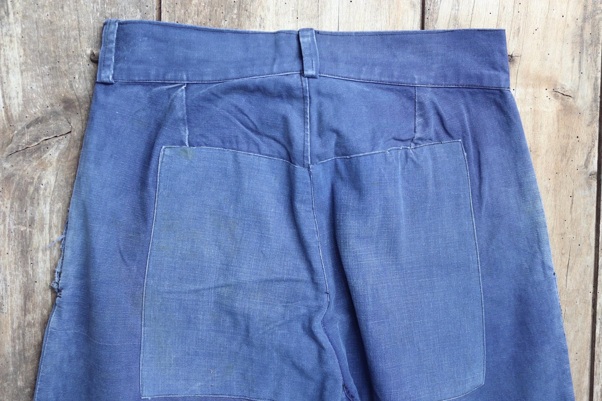 Vintage French workwear trousers - 1930s chore pants - sun faded blue cotton - 29” x 30”