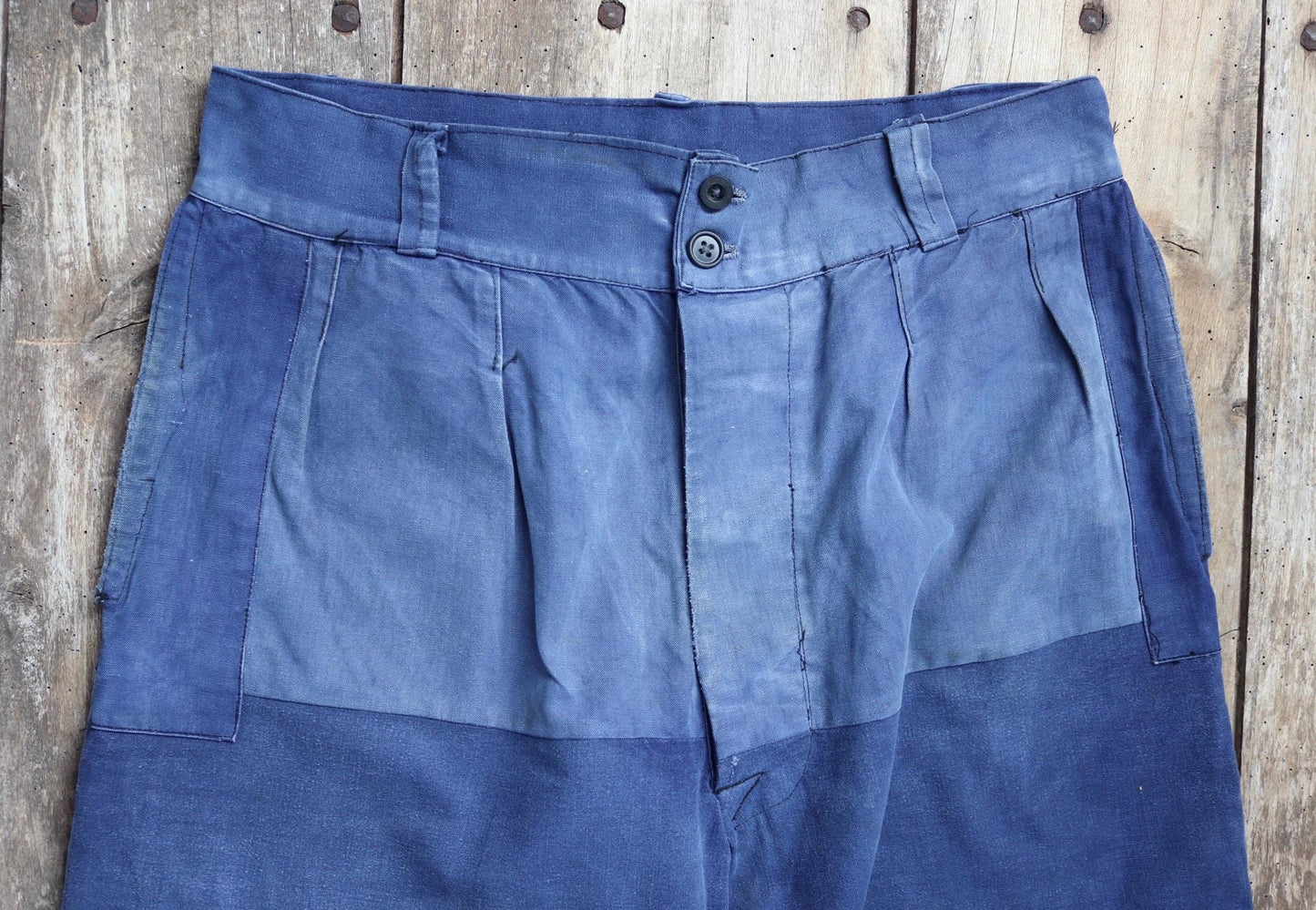 Vintage French workwear trousers - wide leg - 1930s chore pants - sun faded blue cotton - 34” x 25”