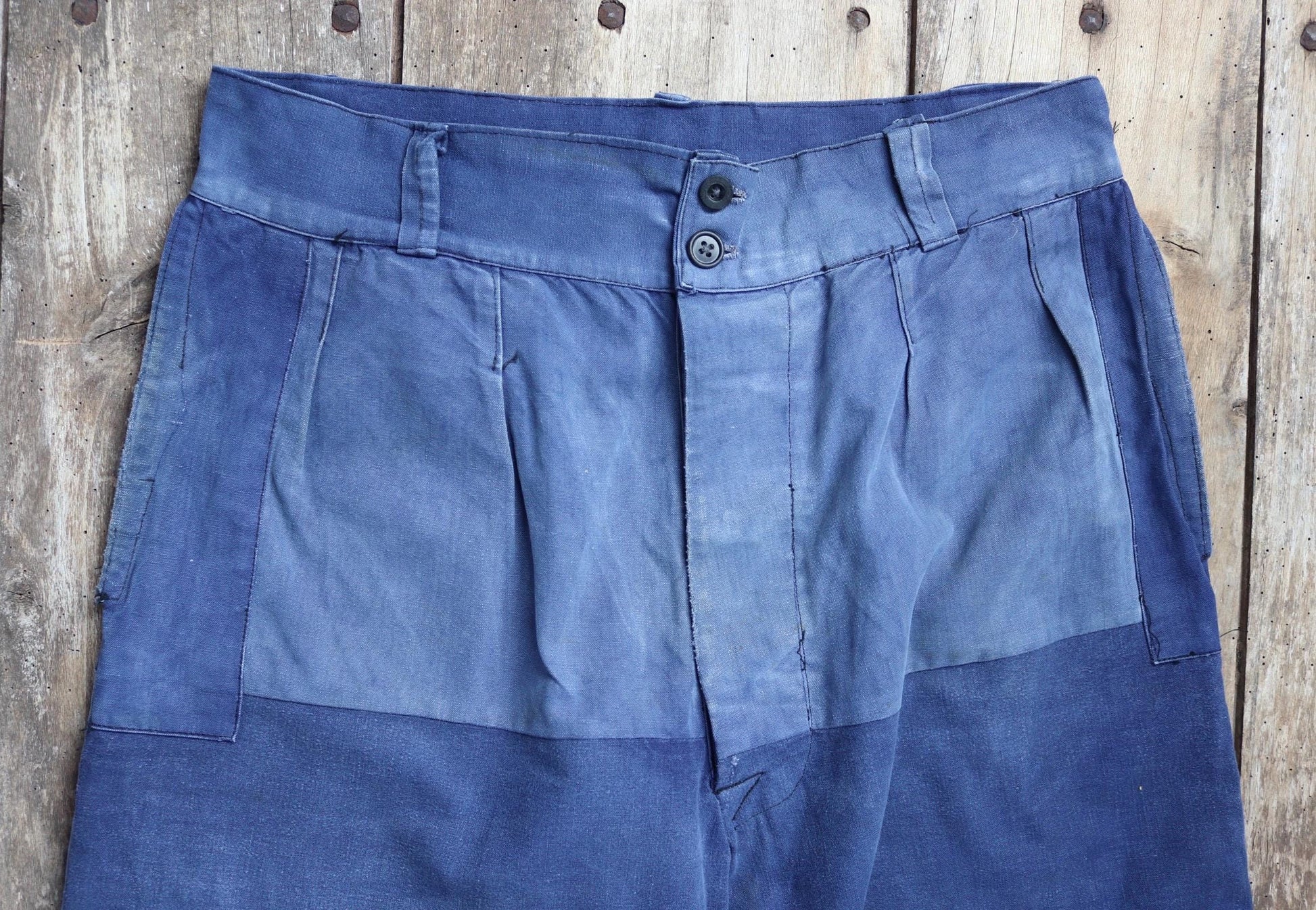 Vintage French workwear trousers - wide leg - 1930s chore pants - sun faded blue cotton - 34” x 25”