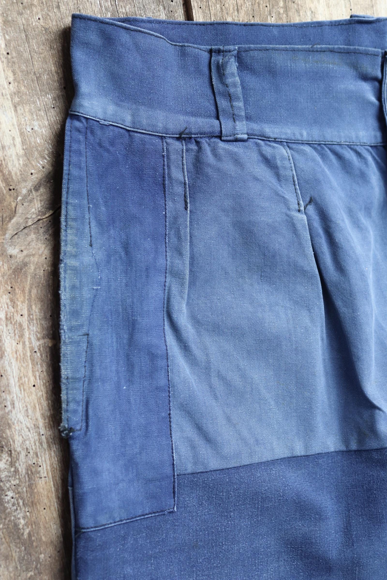 Vintage French workwear trousers - wide leg - 1930s chore pants - sun faded blue cotton - 34” x 25”