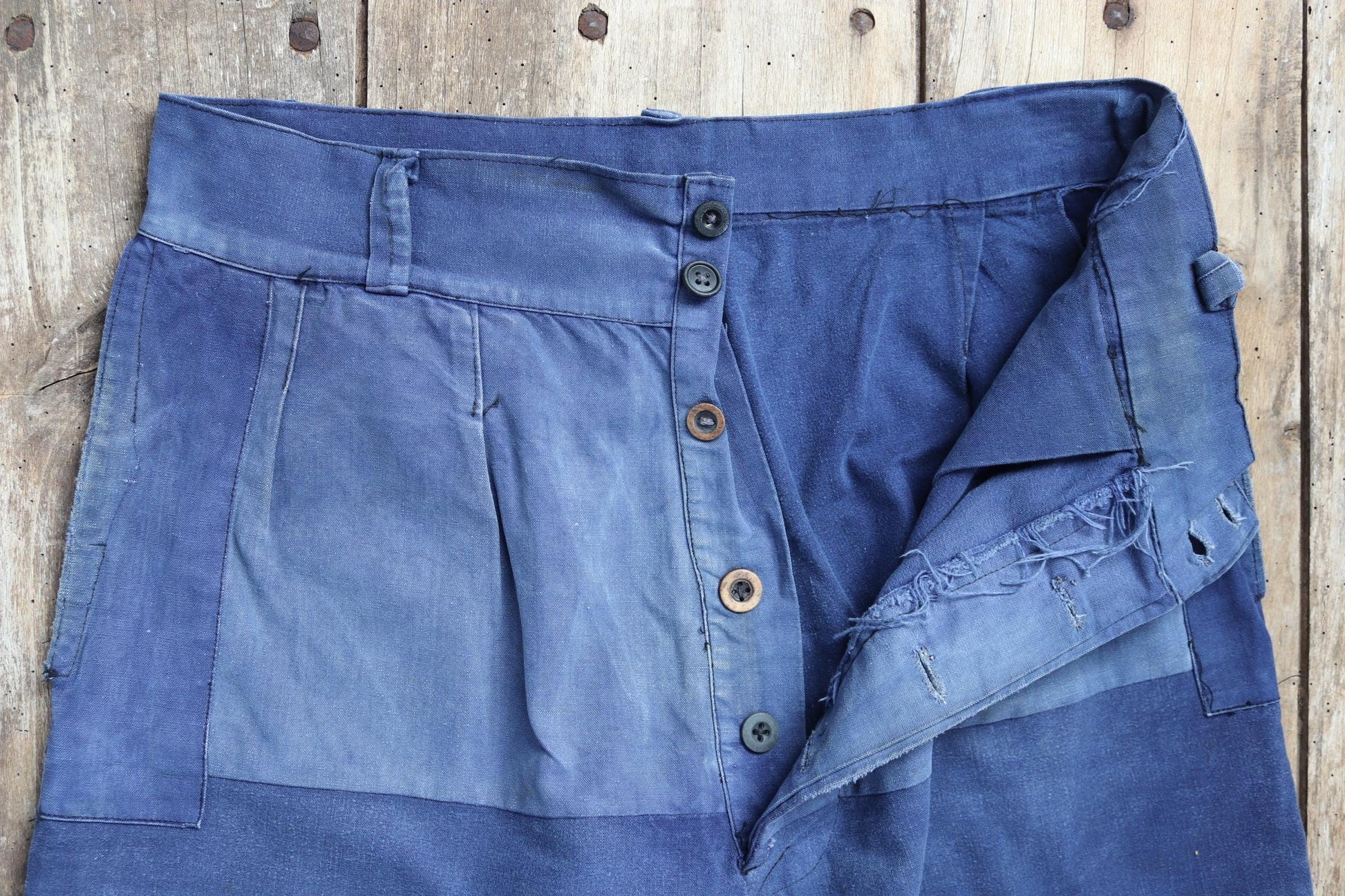 Vintage French workwear trousers - wide leg - 1930s chore pants - sun faded blue cotton - 34” x 25”