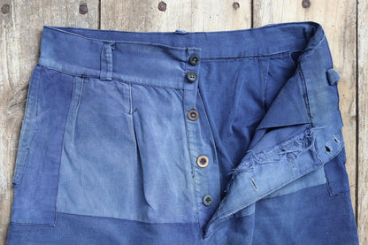 Vintage French workwear trousers - wide leg - 1930s chore pants - sun faded blue cotton - 34” x 25”