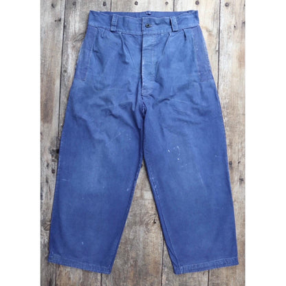 Vintage French workwear trousers - wide leg - 1930s chore pants - sun faded blue cotton - 34” x 27”