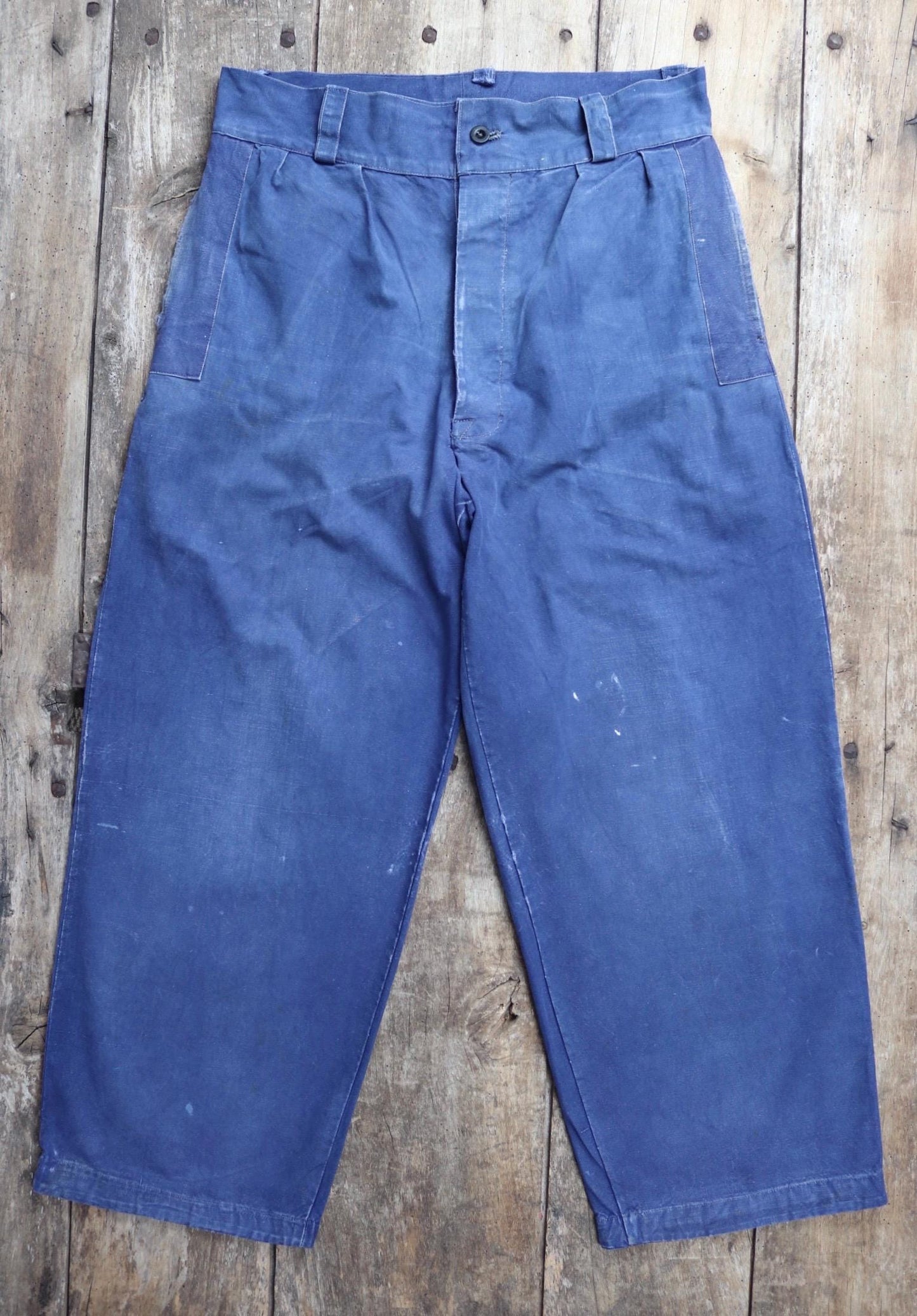 Vintage French workwear trousers - wide leg - 1930s chore pants - sun faded blue cotton - 34” x 27”