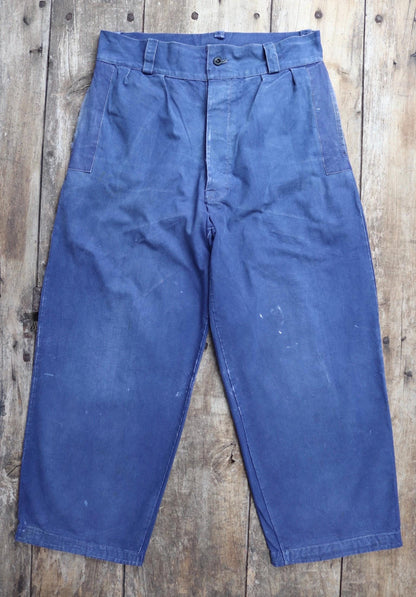 Vintage French workwear trousers - wide leg - 1930s chore pants - sun faded blue cotton - 34” x 27”
