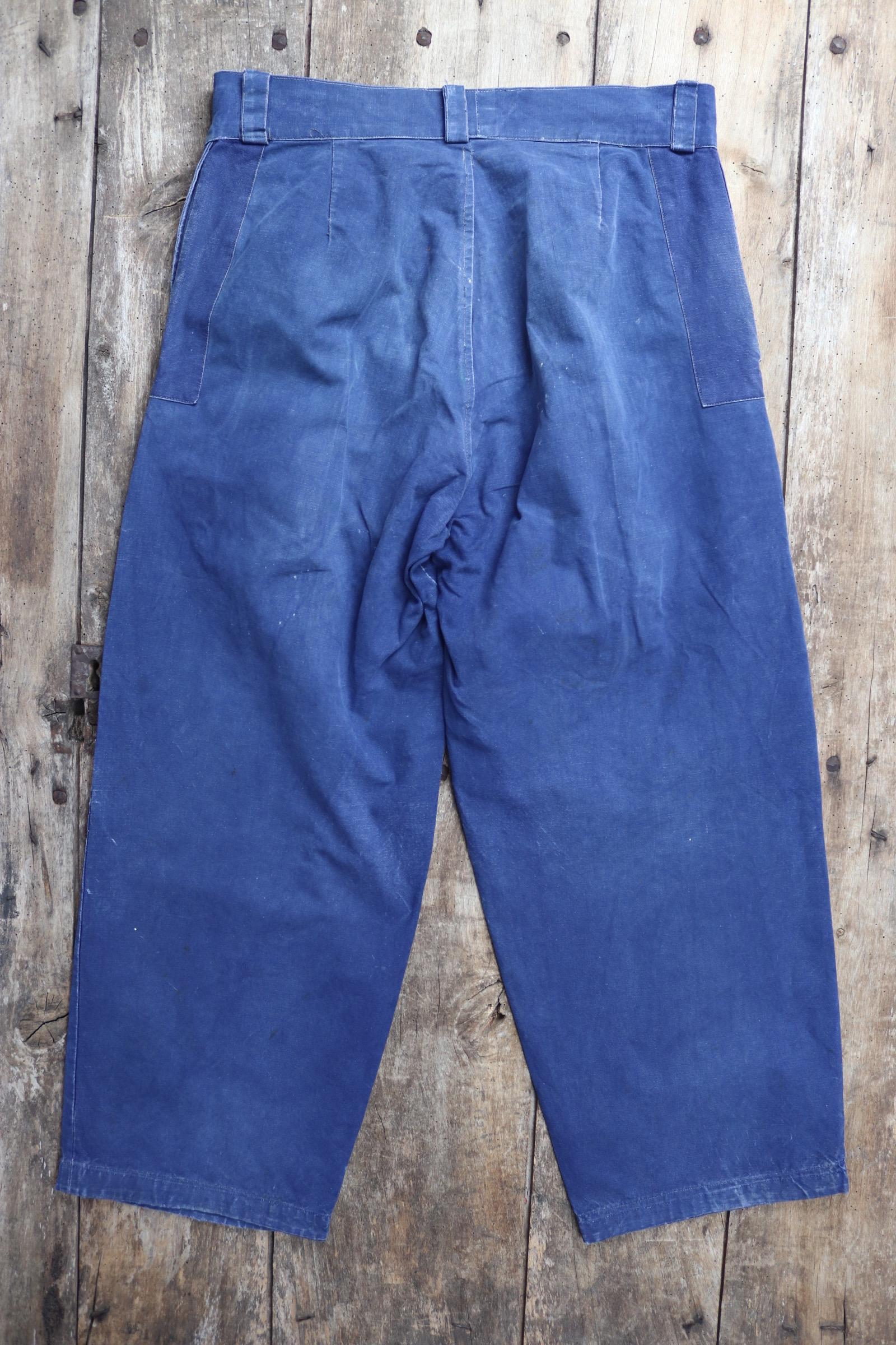 Vintage French workwear trousers - wide leg - 1930s chore pants - sun faded blue cotton - 34” x 27”