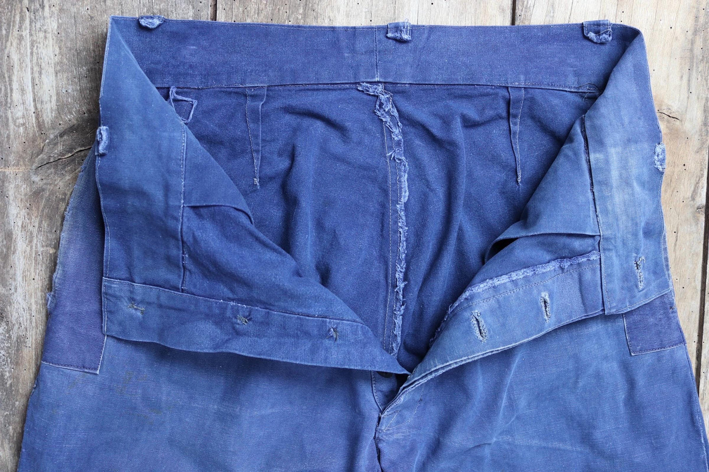 Vintage French workwear trousers - wide leg - 1930s chore pants - sun faded blue cotton - 34” x 27”