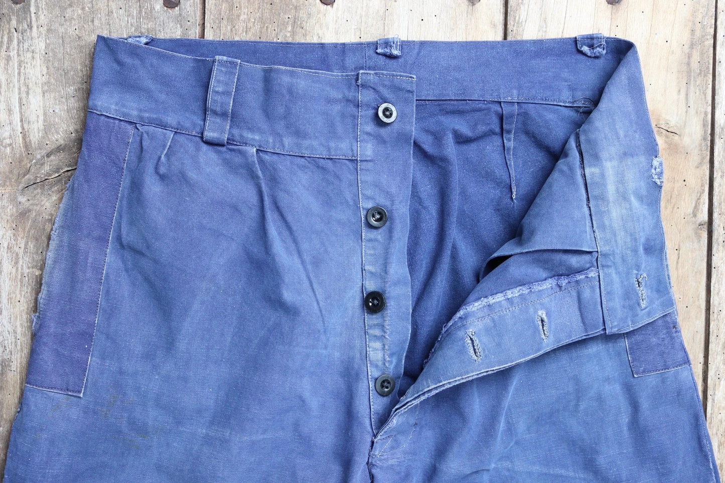 Vintage French workwear trousers - wide leg - 1930s chore pants - sun faded blue cotton - 34” x 27”