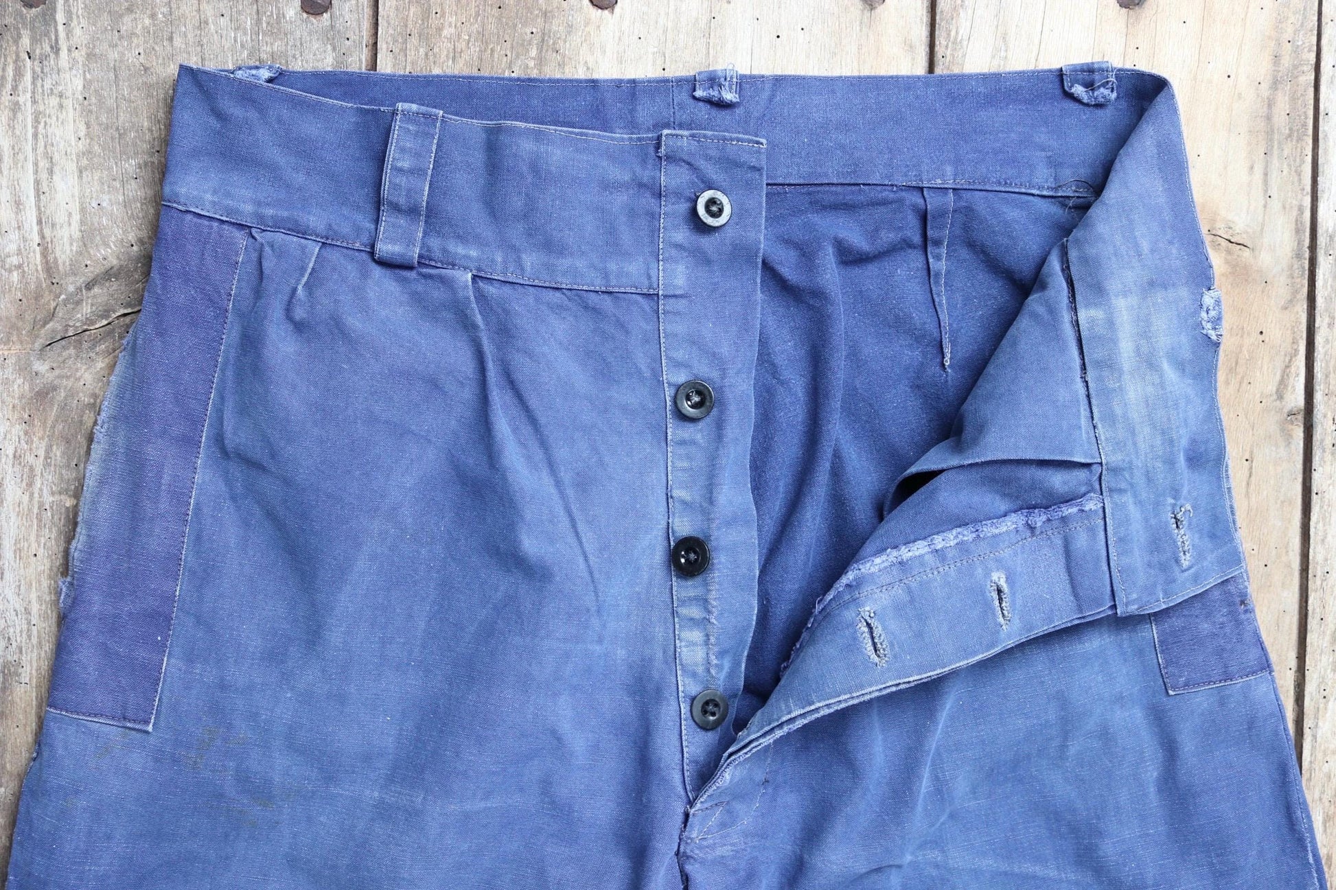 Vintage French workwear trousers - wide leg - 1930s chore pants - sun faded blue cotton - 34” x 27”