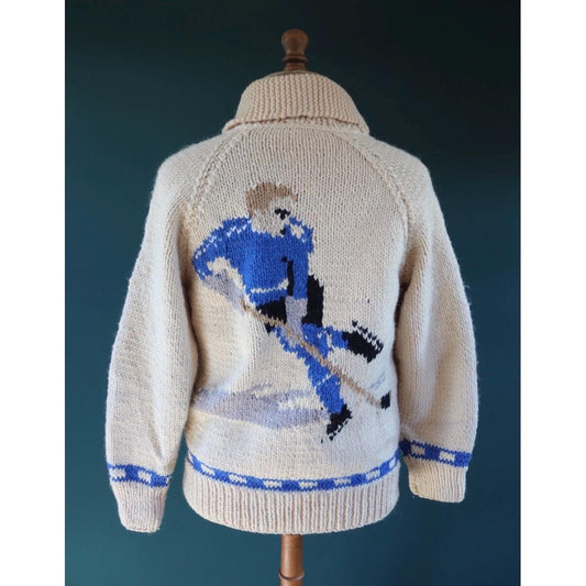Vintage 1960s novelty hand knitted cardigan - ice hockey design - Mary Maxim - cowichan sweater - 44” chest